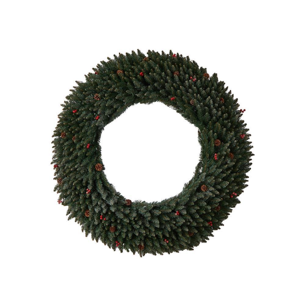 60 in. Prelit LED Large Flocked Artificial Christmas Wreath with Pinecones, Berries, 400 Clear LED Lights