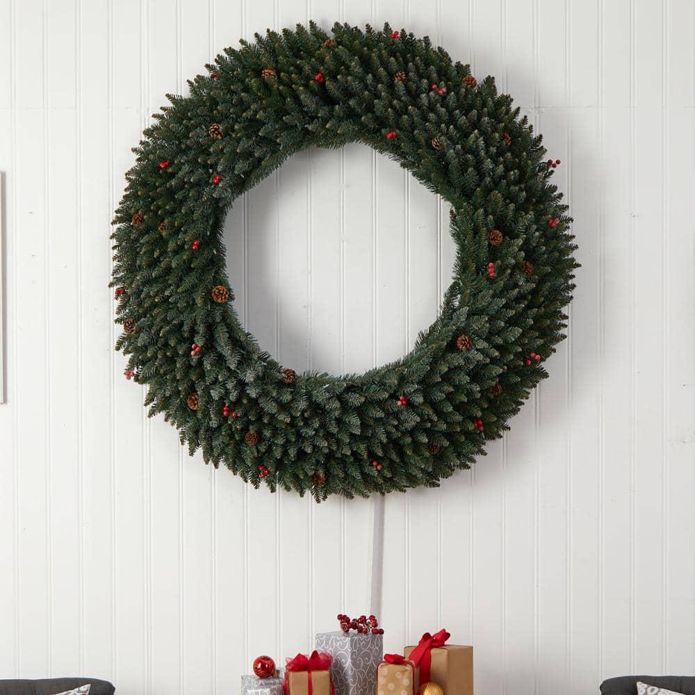 60 in. Prelit LED Large Flocked Artificial Christmas Wreath with Pinecones, Berries, 400 Clear LED Lights