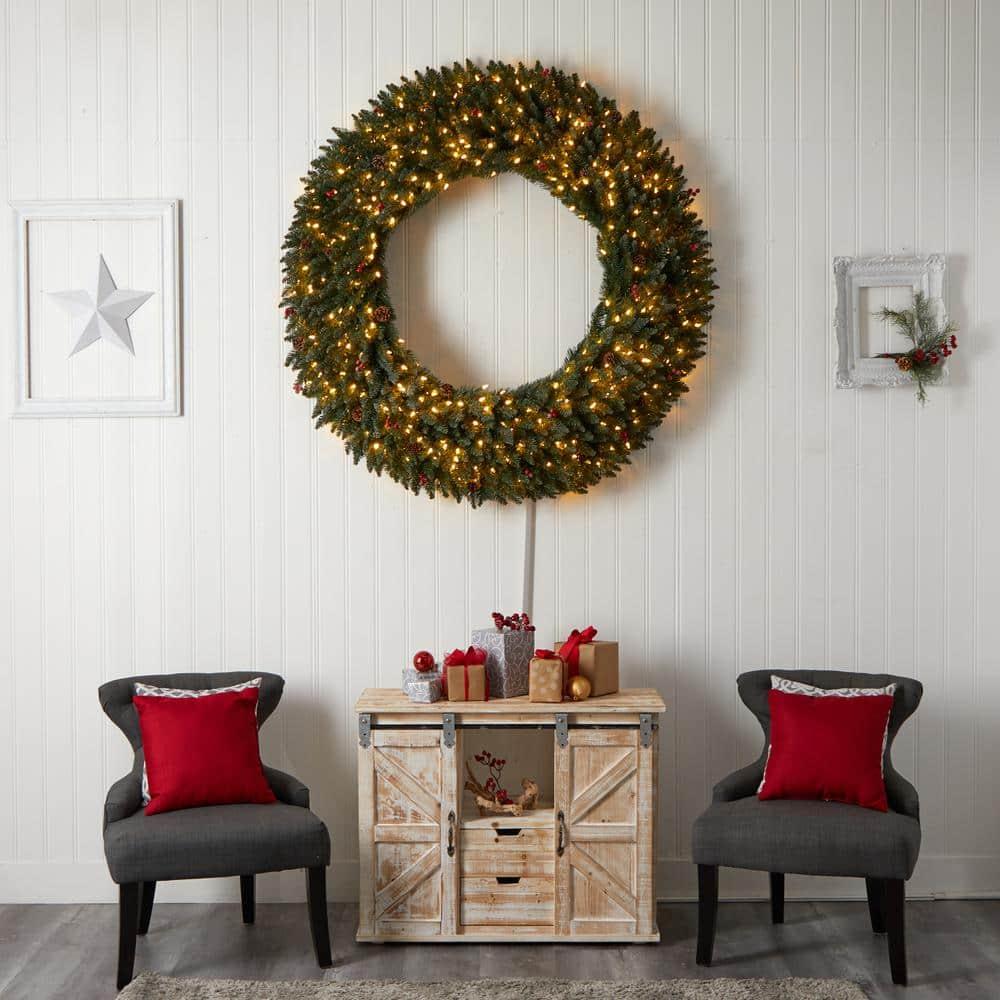 60 in. Prelit LED Large Flocked Artificial Christmas Wreath with Pinecones, Berries, 400 Clear LED Lights