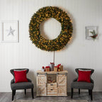 60 in. Prelit LED Large Flocked Artificial Christmas Wreath with Pinecones, Berries, 400 Clear LED Lights