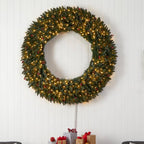 60 in. Prelit LED Large Flocked Artificial Christmas Wreath with Pinecones, Berries, 400 Clear LED Lights
