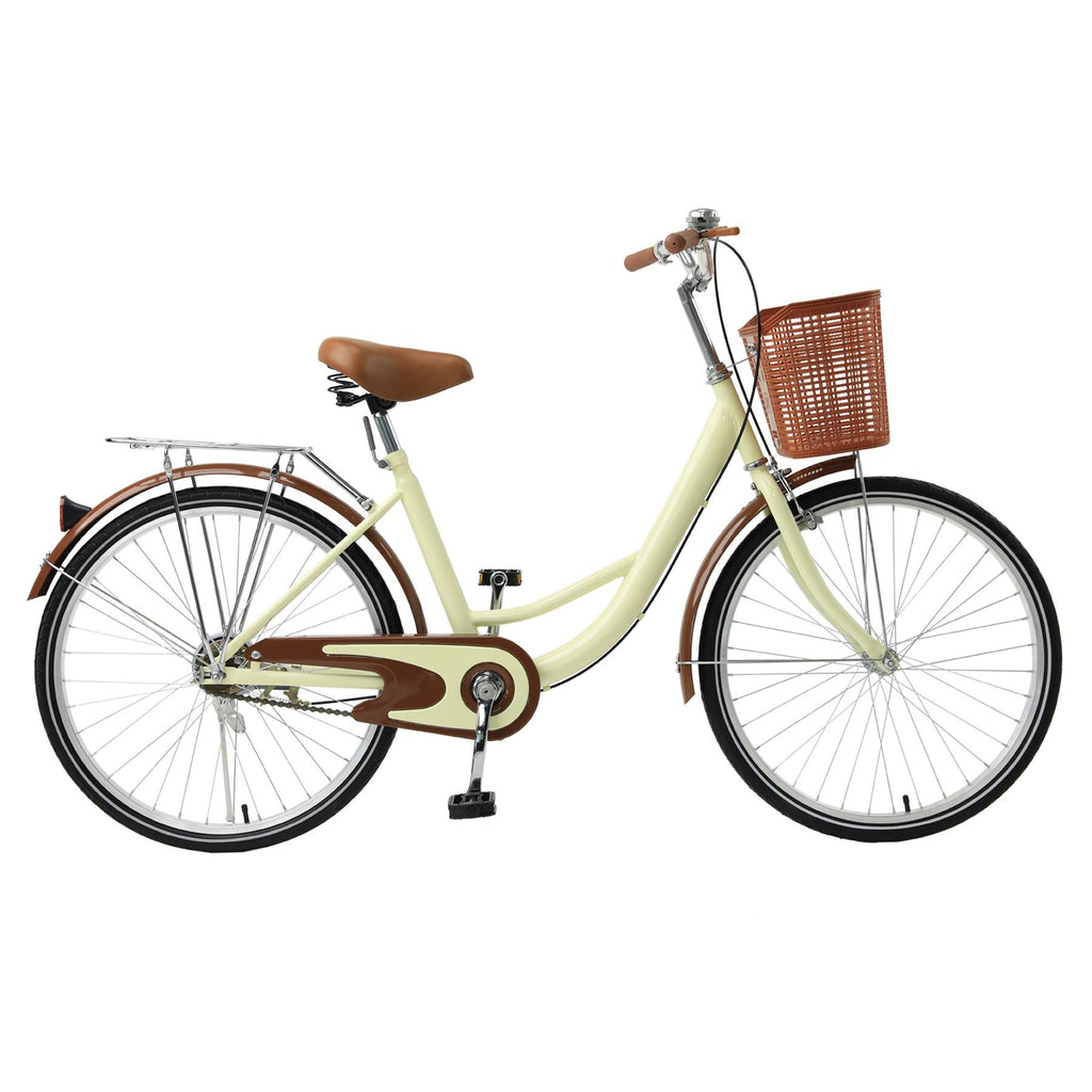 Comfortable Commuter Bike, Single Speed Beach Cruiser Bicycle, High-Carbon Steel Frame, Front Basket &amp; Bell, Rear Racks