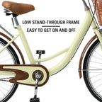Comfortable Commuter Bike, Single Speed Beach Cruiser Bicycle, High-Carbon Steel Frame, Front Basket &amp; Bell, Rear Racks