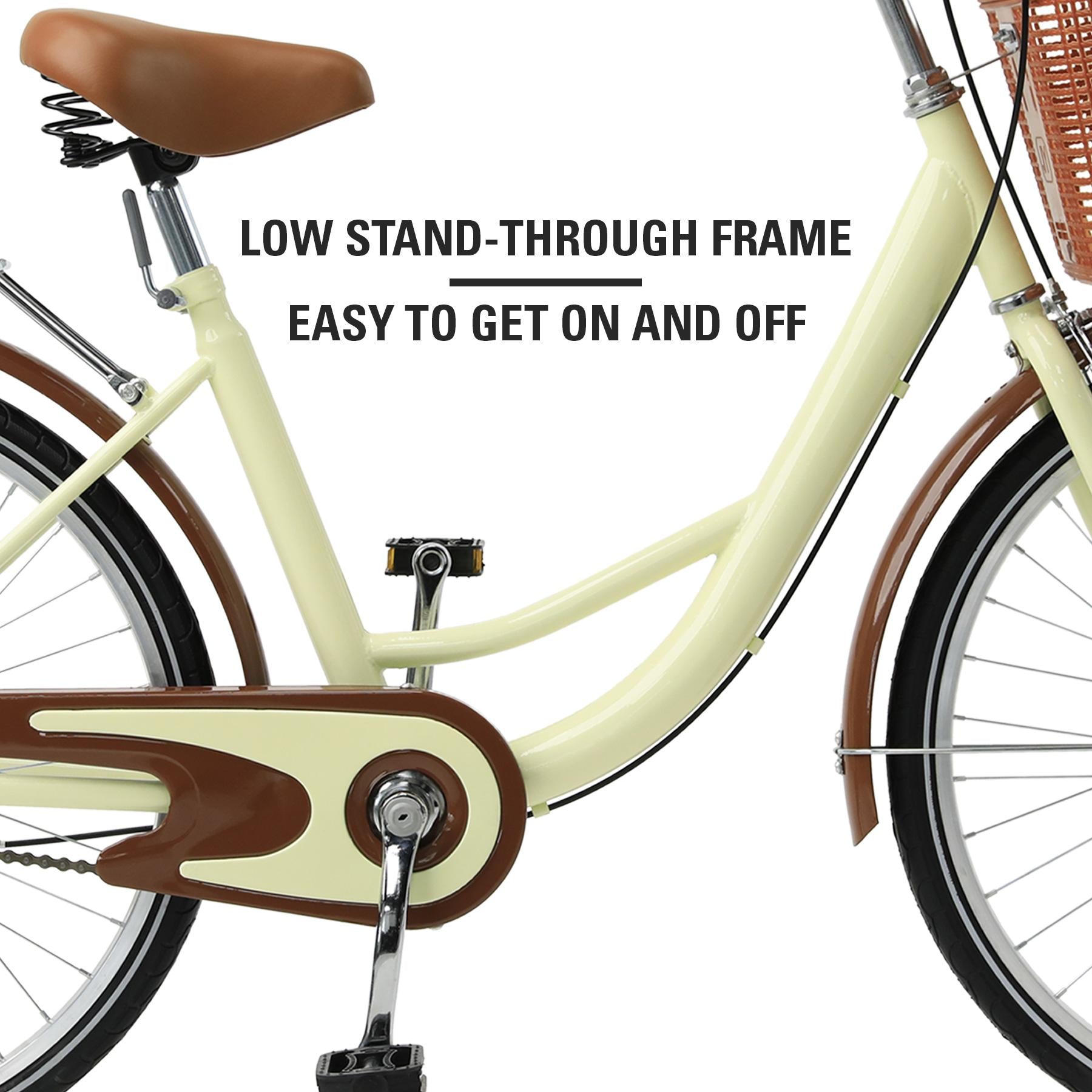 Single Speed Beach Cruiser Bike, Comfortable Commuter Bicycle, High-Carbon Steel Frame, Front Basket &amp; Bell, Rear Racks
