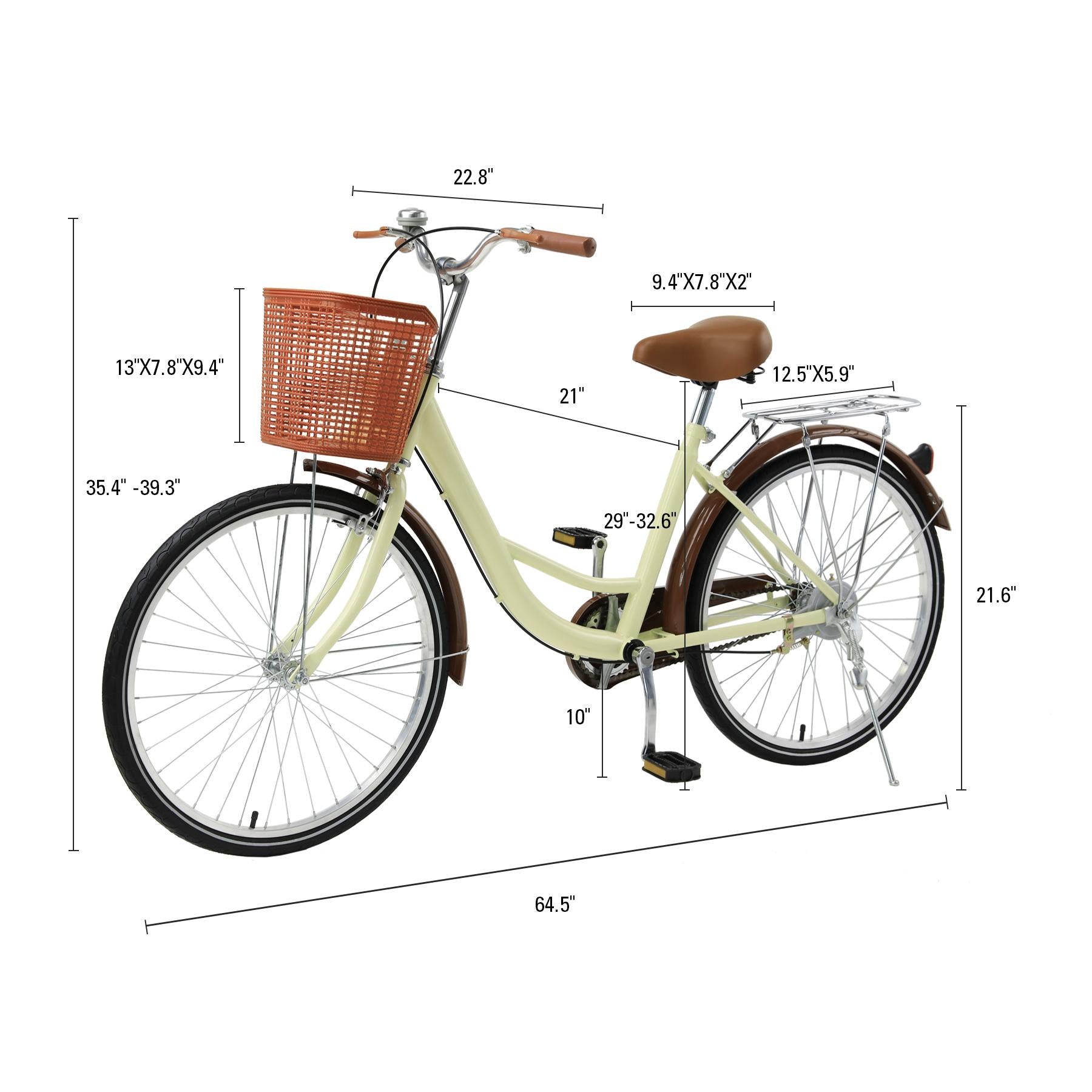 Comfortable Commuter Bike, Single Speed Beach Cruiser Bicycle, High-Carbon Steel Frame, Front Basket &amp; Bell, Rear Racks