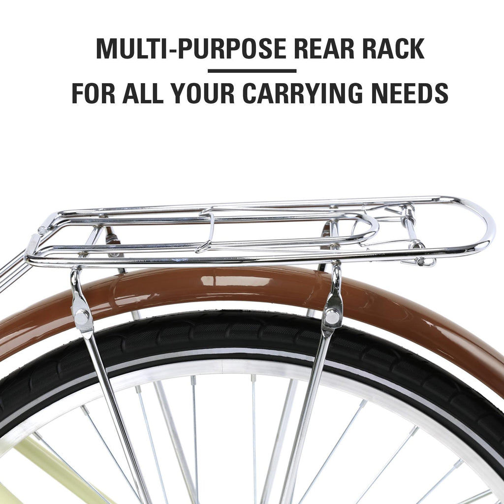 Comfortable Commuter Bike, Single Speed Beach Cruiser Bicycle, High-Carbon Steel Frame, Front Basket &amp; Bell, Rear Racks