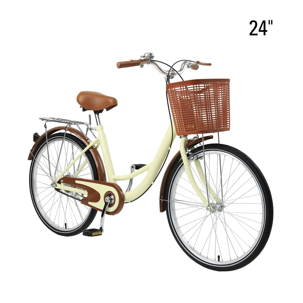 Comfortable Commuter Bike, Single Speed Beach Cruiser Bicycle, High-Carbon Steel Frame, Front Basket &amp; Bell, Rear Racks