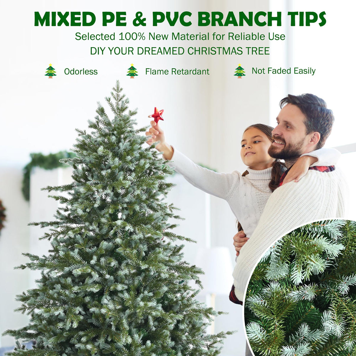 Costway 6ft Artificial Christmas Spruce Hinged Tree w/ 892 Mixed PE &amp; PVC Tips