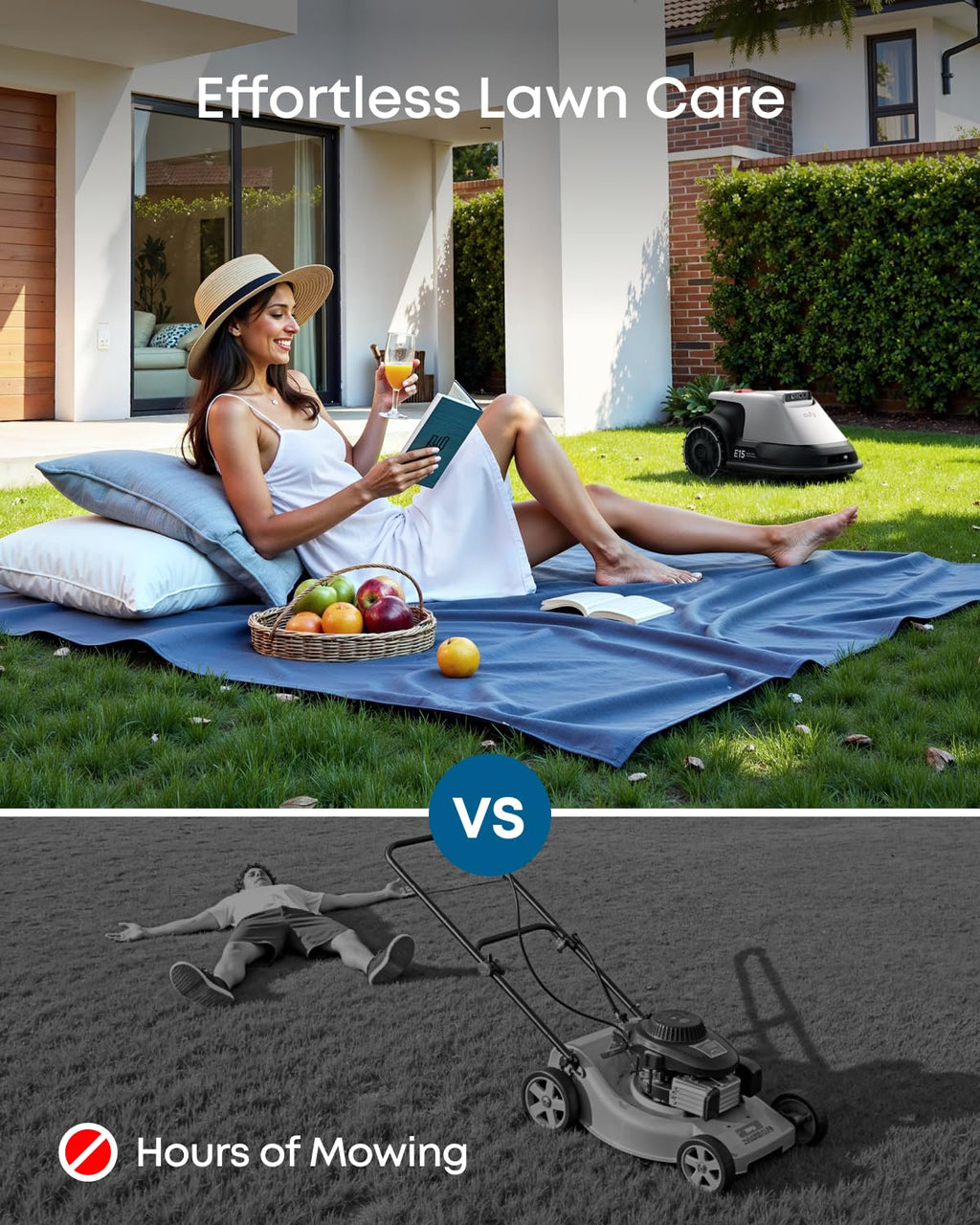Robot Lawn Mower E15, Auto Mapping,Pure Vision Navigation, Wire RTK Free, Multi-Zone Management, AI 3D Obstacle Avoidance, GPS Anti-Theft, 0.2 Acres, 18° Slope, App Control