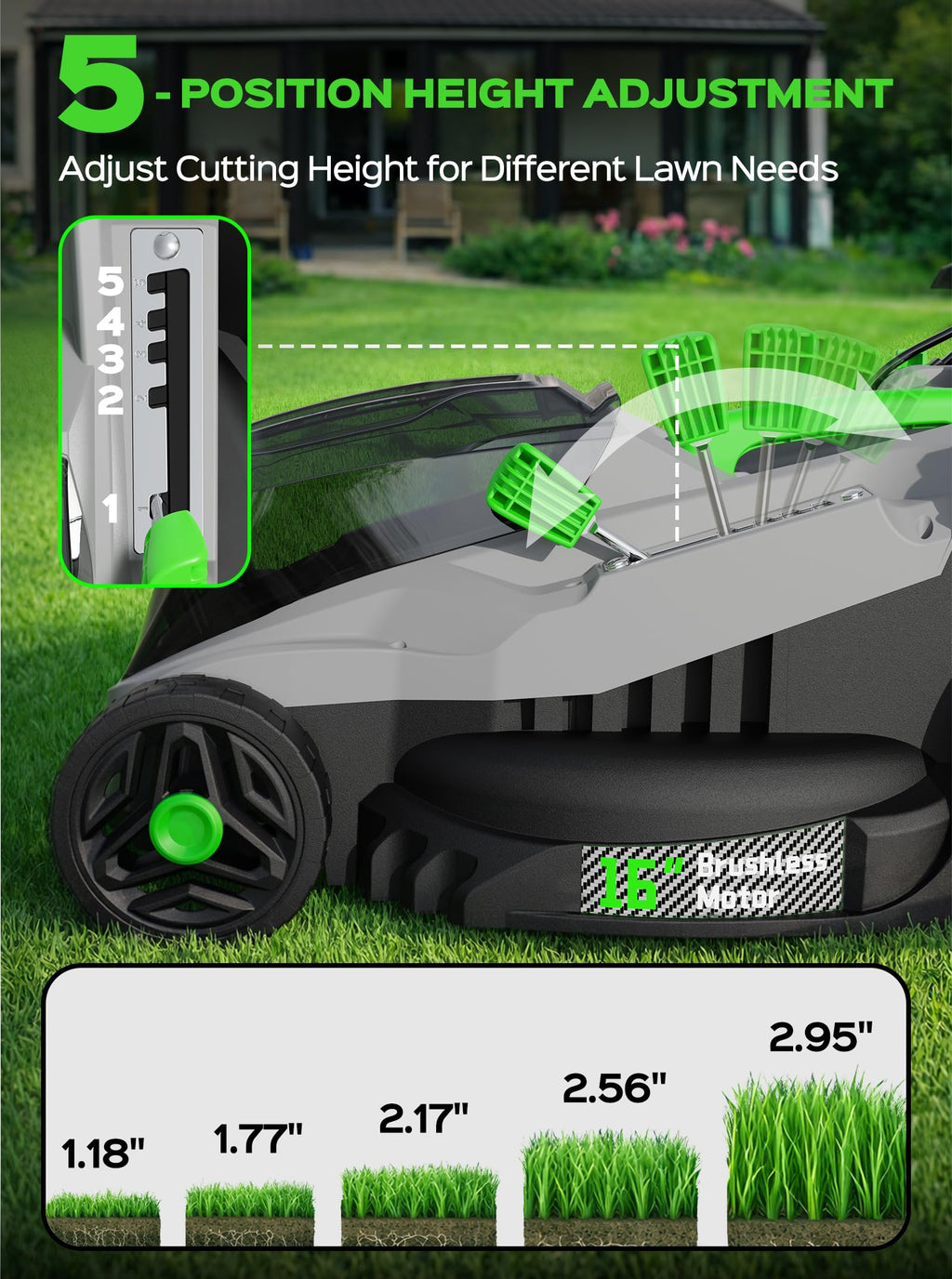 40V 16-Inch Brushless Cordless Lawn Mower with 4.0Ah Battery &amp; Charger, 2-in-1 Electric Push Mower, 5-Position Height Adjustment, Lightweight, Compact Storage, for Small Yards - Green