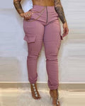 zip front pocket design high waist casual pants