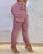 zip front pocket design high waist casual pants
