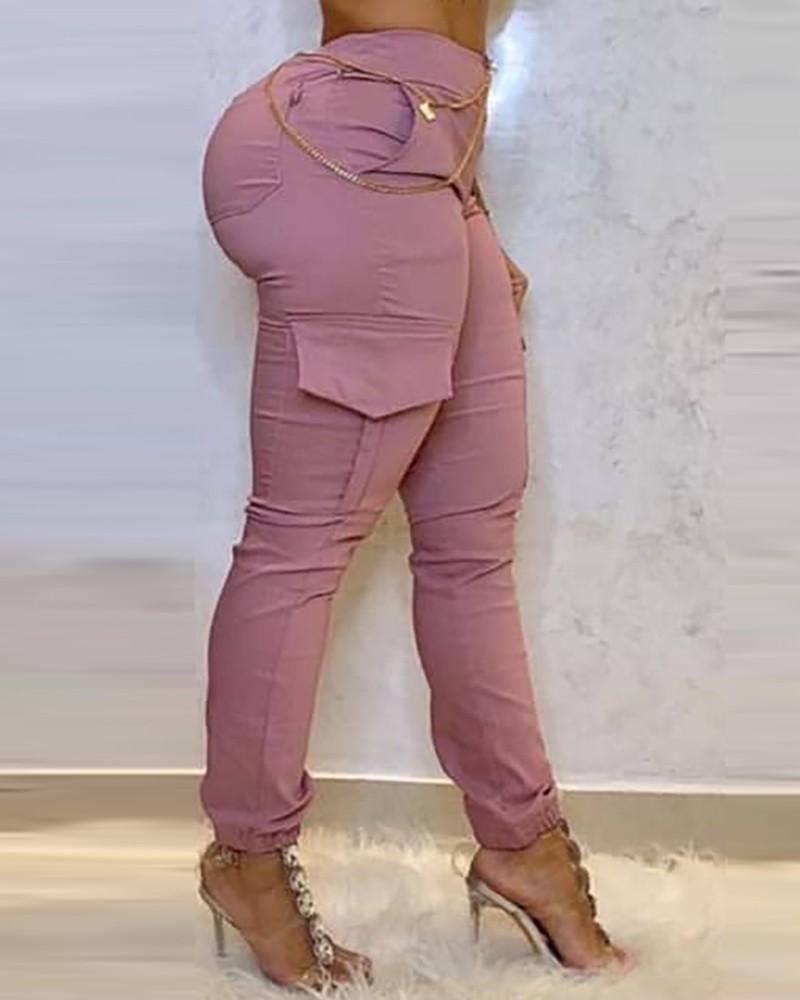 zip front pocket design high waist casual pants