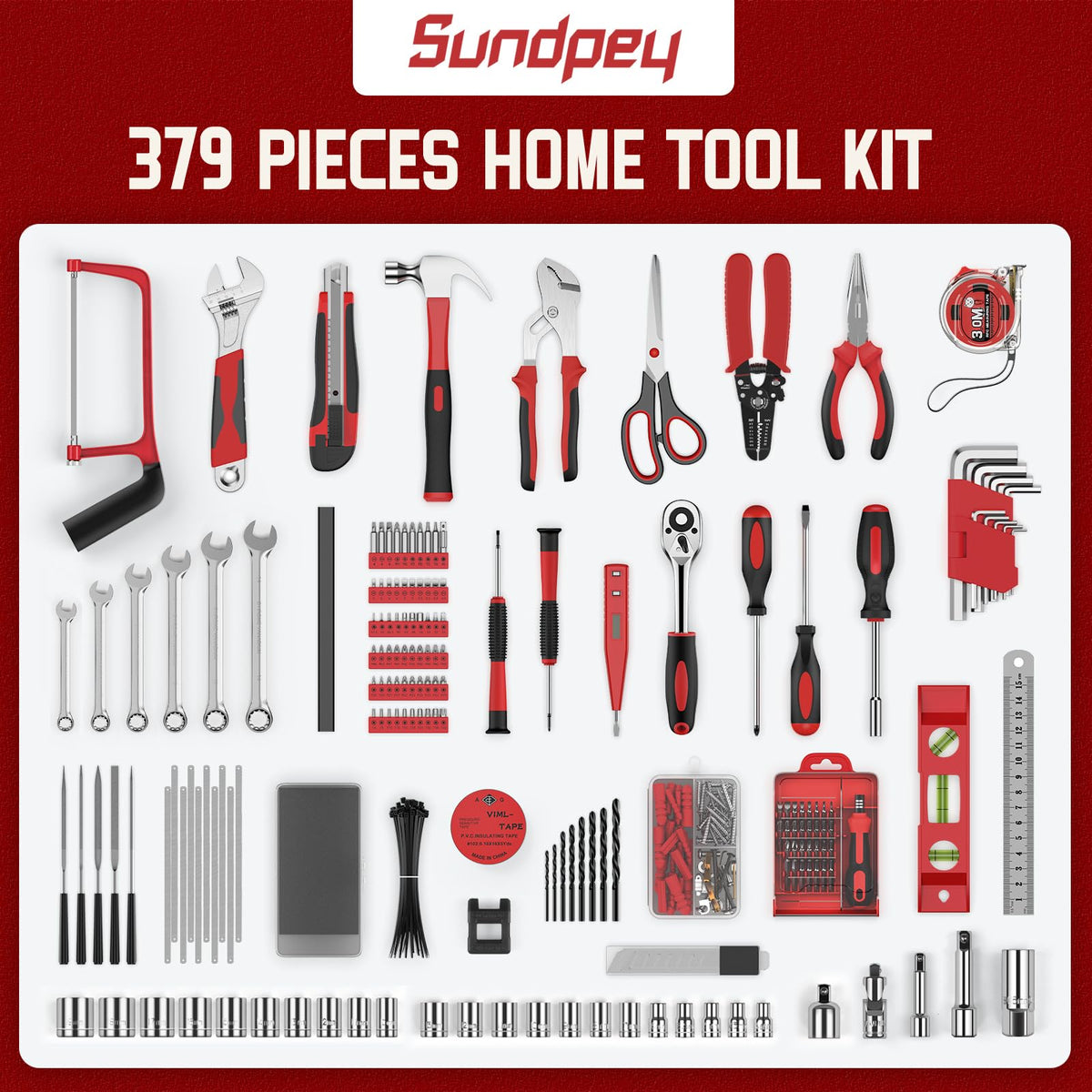 Home Tool Kit with Drawer - 379-PCs Portable Complete Household and Auto Repair Tool Set - Hand General Basic Tool Box StoraCase - Full Basic Toolkit for Handyman & Diyer & Homeowner Red
