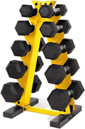 WF Athletic Supply 5-25Lb Rubber Coated Hex Dumbbell Set with A Frame StoraRack Non-Slip Hex Shape for Muscle Toning, Strength Building &amp; Weight Loss - Multiple Choices Available