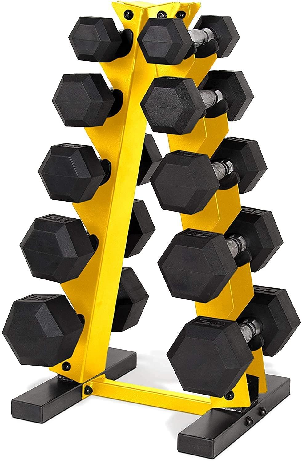 WF Athletic Supply 5-25Lb Rubber Coated Hex Dumbbell Set with A Frame StoraRack Non-Slip Hex Shape for Muscle Toning, Strength Building &amp; Weight Loss - Multiple Choices Available
