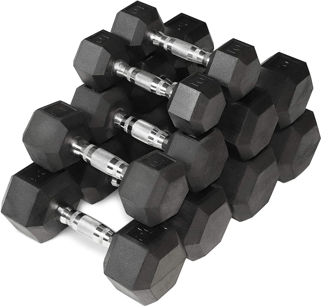 WF Athletic Supply 5-25Lb Rubber Coated Hex Dumbbell Set with A Frame StoraRack Non-Slip Hex Shape for Muscle Toning, Strength Building &amp; Weight Loss - Multiple Choices Available