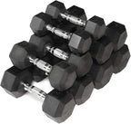 WF Athletic Supply 5-25Lb Rubber Coated Hex Dumbbell Set with A Frame StoraRack Non-Slip Hex Shape for Muscle Toning, Strength Building &amp; Weight Loss - Multiple Choices Available