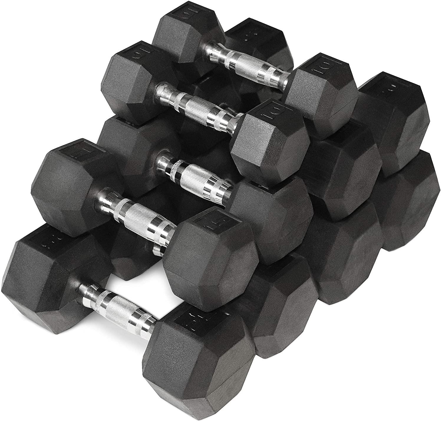 WF Athletic Supply 5-25Lb Rubber Coated Hex Dumbbell Set with A Frame StoraRack Non-Slip Hex Shape for Muscle Toning, Strength Building &amp; Weight Loss - Multiple Choices Available