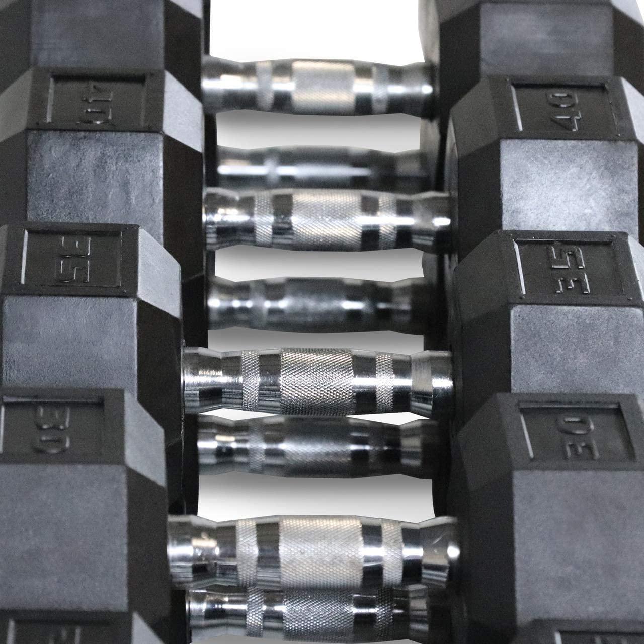 WF Athletic Supply 5-25Lb Rubber Coated Hex Dumbbell Set with A Frame StoraRack Non-Slip Hex Shape for Muscle Toning, Strength Building &amp; Weight Loss - Multiple Choices Available