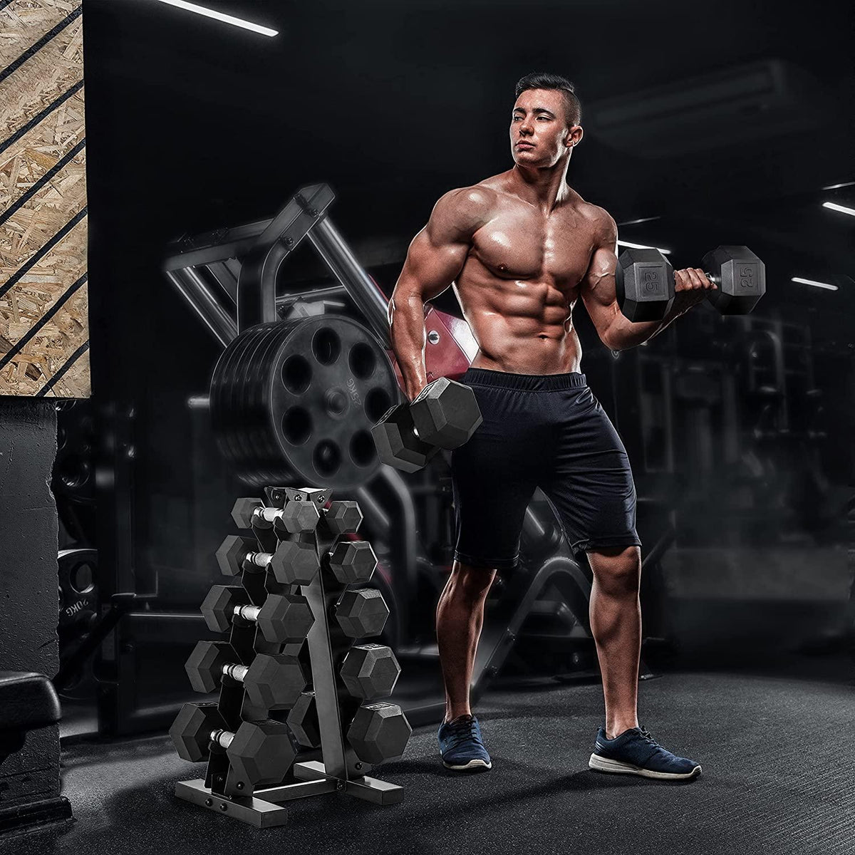 WF Athletic Supply 5-25Lb Rubber Coated Hex Dumbbell Set with A Frame StoraRack Non-Slip Hex Shape for Muscle Toning, Strength Building &amp; Weight Loss - Multiple Choices Available