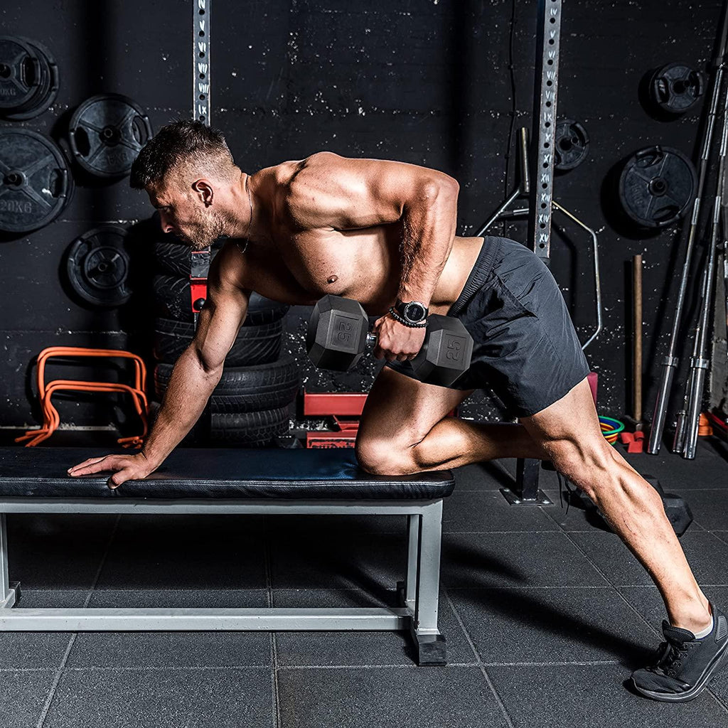 WF Athletic Supply 5-25Lb Rubber Coated Hex Dumbbell Set with A Frame StoraRack Non-Slip Hex Shape for Muscle Toning, Strength Building &amp; Weight Loss - Multiple Choices Available