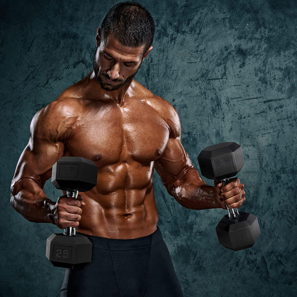 WF Athletic Supply 5-25Lb Rubber Coated Hex Dumbbell Set with A Frame StoraRack Non-Slip Hex Shape for Muscle Toning, Strength Building &amp; Weight Loss - Multiple Choices Available