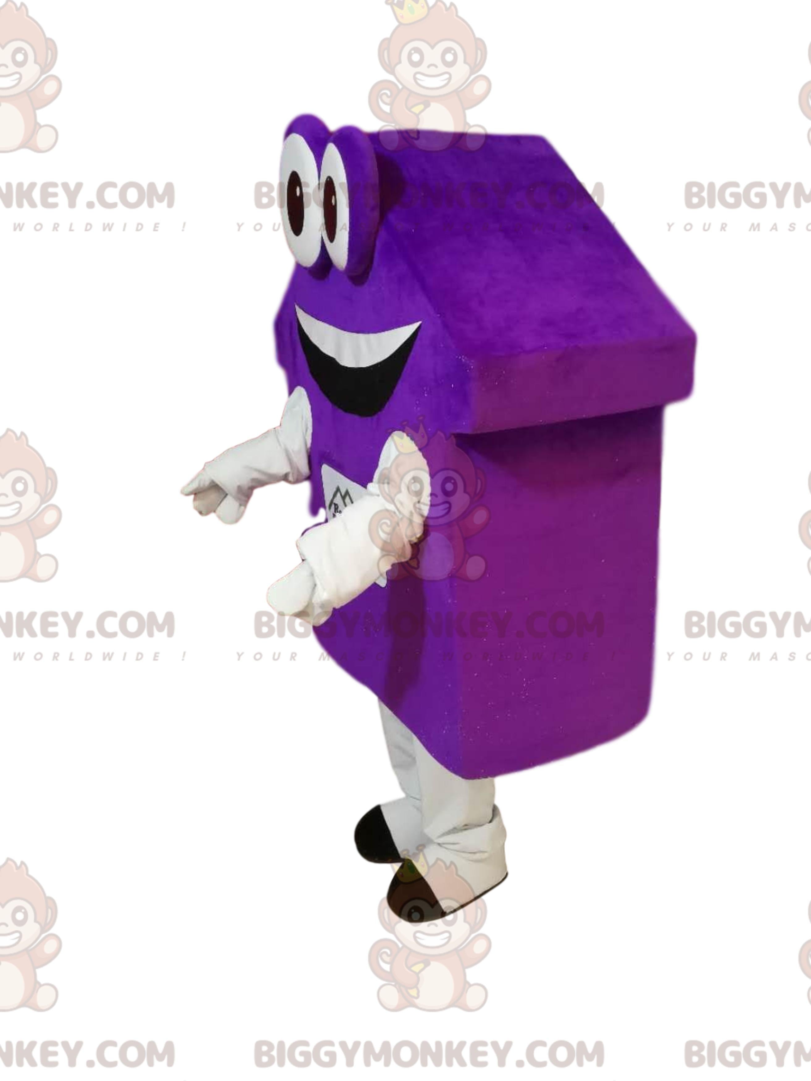 Purple house BIGGYMONKEYmascot costume with big eyes and a big smile