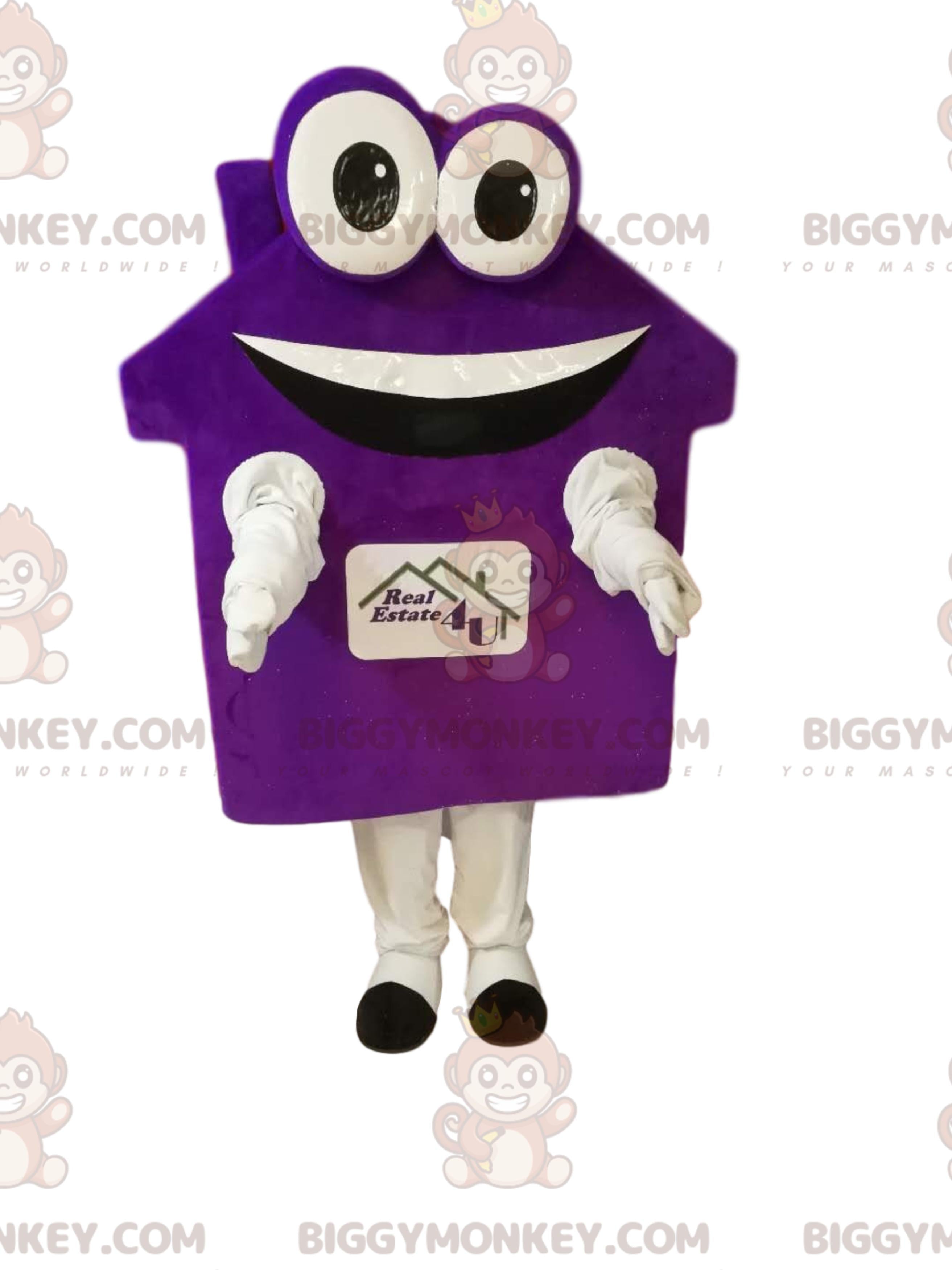 Purple house BIGGYMONKEYmascot costume with big eyes and a big smile