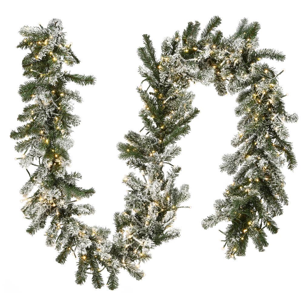 9 ft. Snowy Sheffield Spruce Garland with Battery Operated LED Lights
