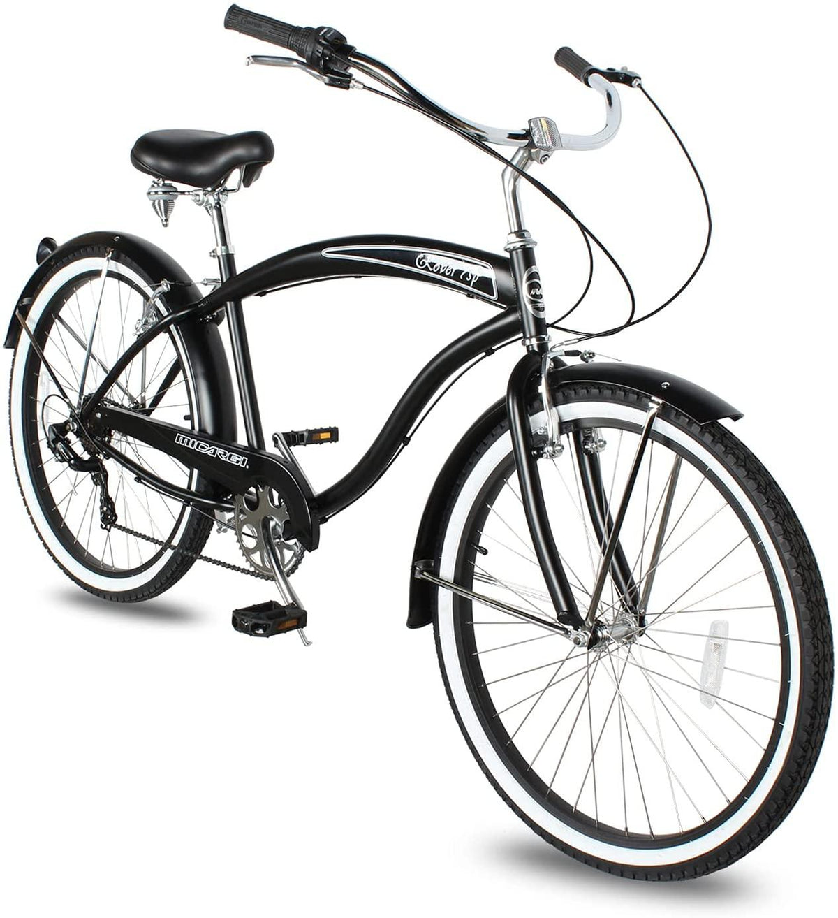 Micargi ROVER 7 Speed Beach Cruiser  TX-35 7 Speed V-Brake  Steel Spokes One Piece Crank Alloy Pink Rims 36H With Fender Color: Matte Black