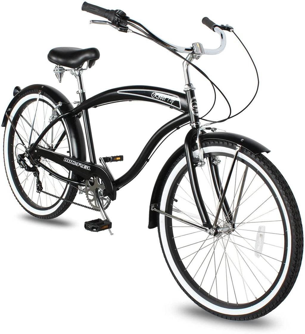 Micargi ROVER 7 Speed Beach Cruiser  TX-35 7 Speed V-Brake  Steel Spokes One Piece Crank Alloy Pink Rims 36H With Fender Color: Matte Black