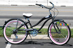 Micargi ROVER 7 Speed Beach Cruiser  TX-35 7 Speed V-Brake  Steel Spokes One Piece Crank Alloy Pink Rims 36H With Fender Color: Matte Black