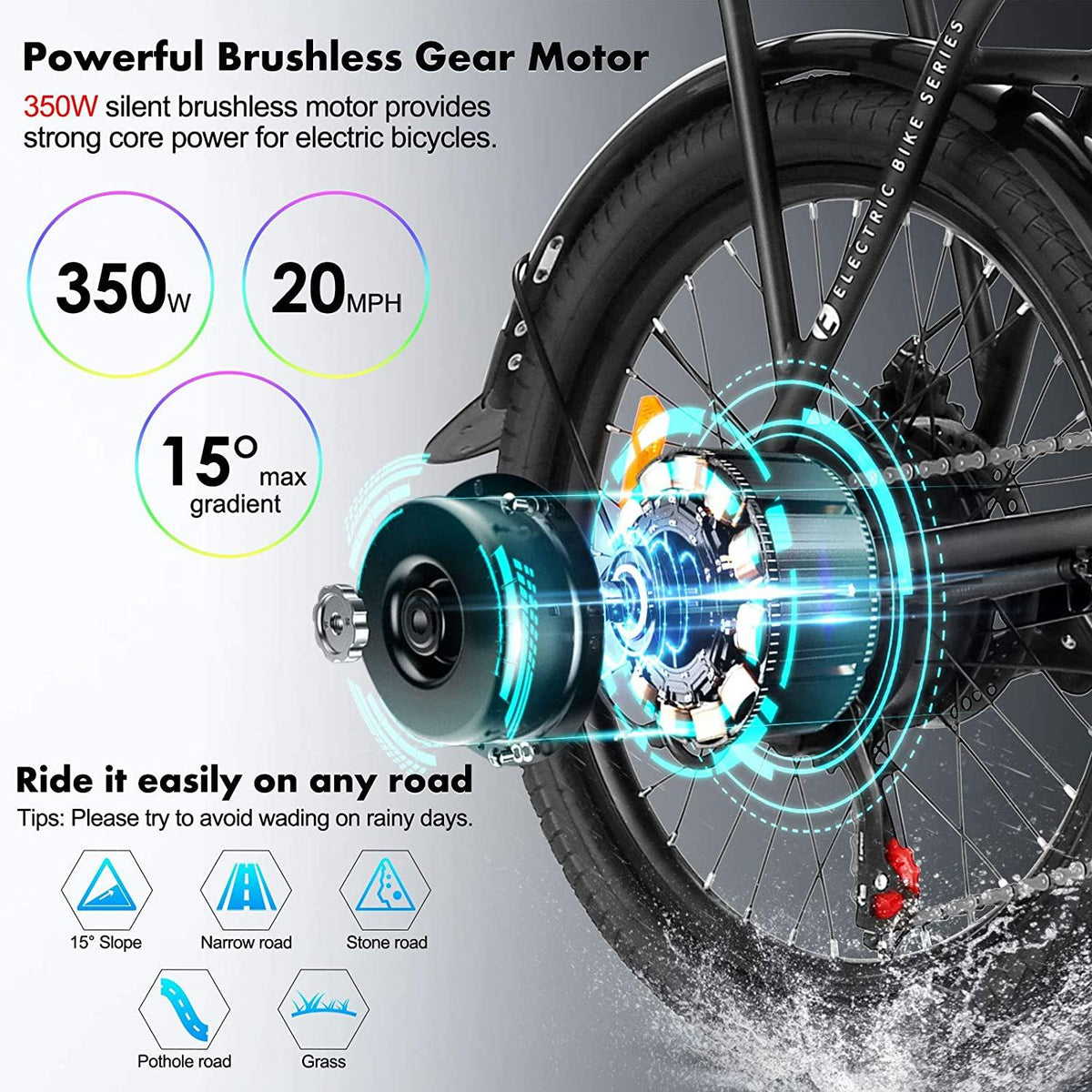 WOOKRAYS Folding Electric Bike, 20" 350W Electric Bicycle with 36V 10.4Ah Removable Battery, Max 20MPH 7 Speed E-Bike for Adults