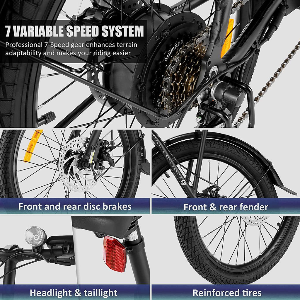WOOKRAYS Folding Electric Bike, 20" 350W Electric Bicycle with 36V 10.4Ah Removable Battery, Max 20MPH 7 Speed E-Bike for Adults