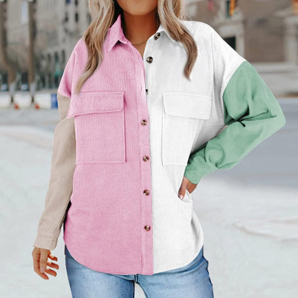 Womens Corduroy Shirt Jacket Button Down Long Sleeve Splicing Blouses Tops Oversized Shirts for Women with Pockets
