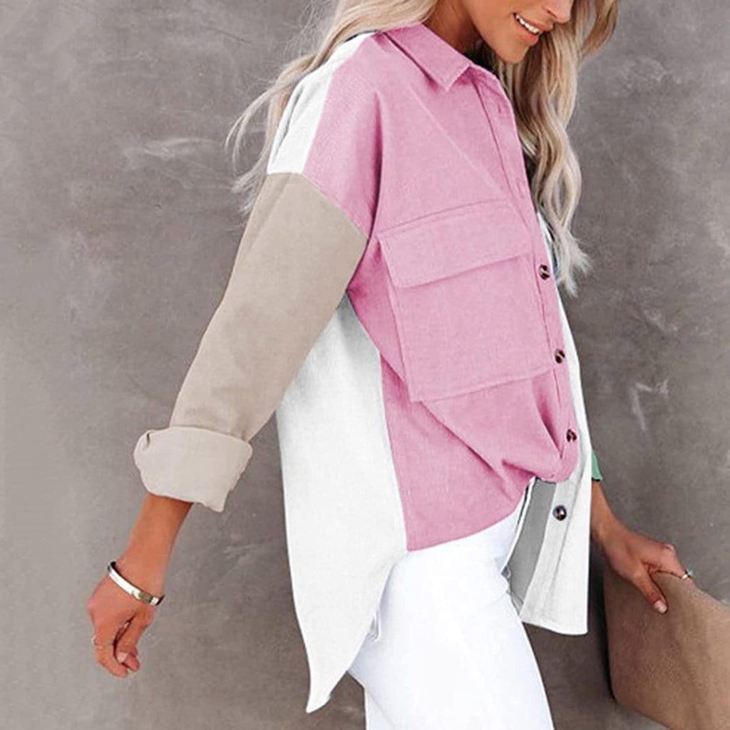 Womens Corduroy Shirt Jacket Button Down Long Sleeve Splicing Blouses Tops Oversized Shirts for Women with Pockets