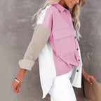 Womens Corduroy Shirt Jacket Button Down Long Sleeve Splicing Blouses Tops Oversized Shirts for Women with Pockets