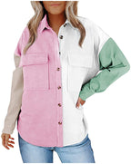 Womens Corduroy Shirt Jacket Button Down Long Sleeve Splicing Blouses Tops Oversized Shirts for Women with Pockets