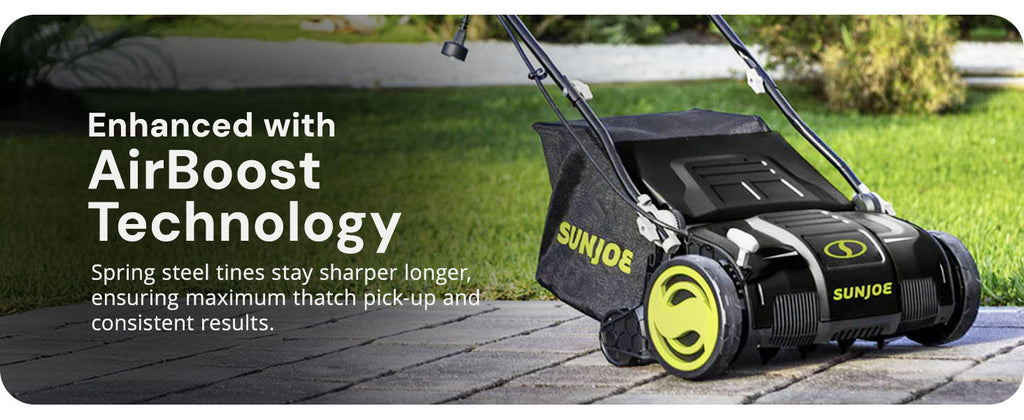 15-Inch Electric Powered Lawn Dethatcher with Scarifier Blade Reel and Collection Bag - 13-Amp Corded Yard Power Rake Tool Machine for Grass Thatch Removal, AJ805E