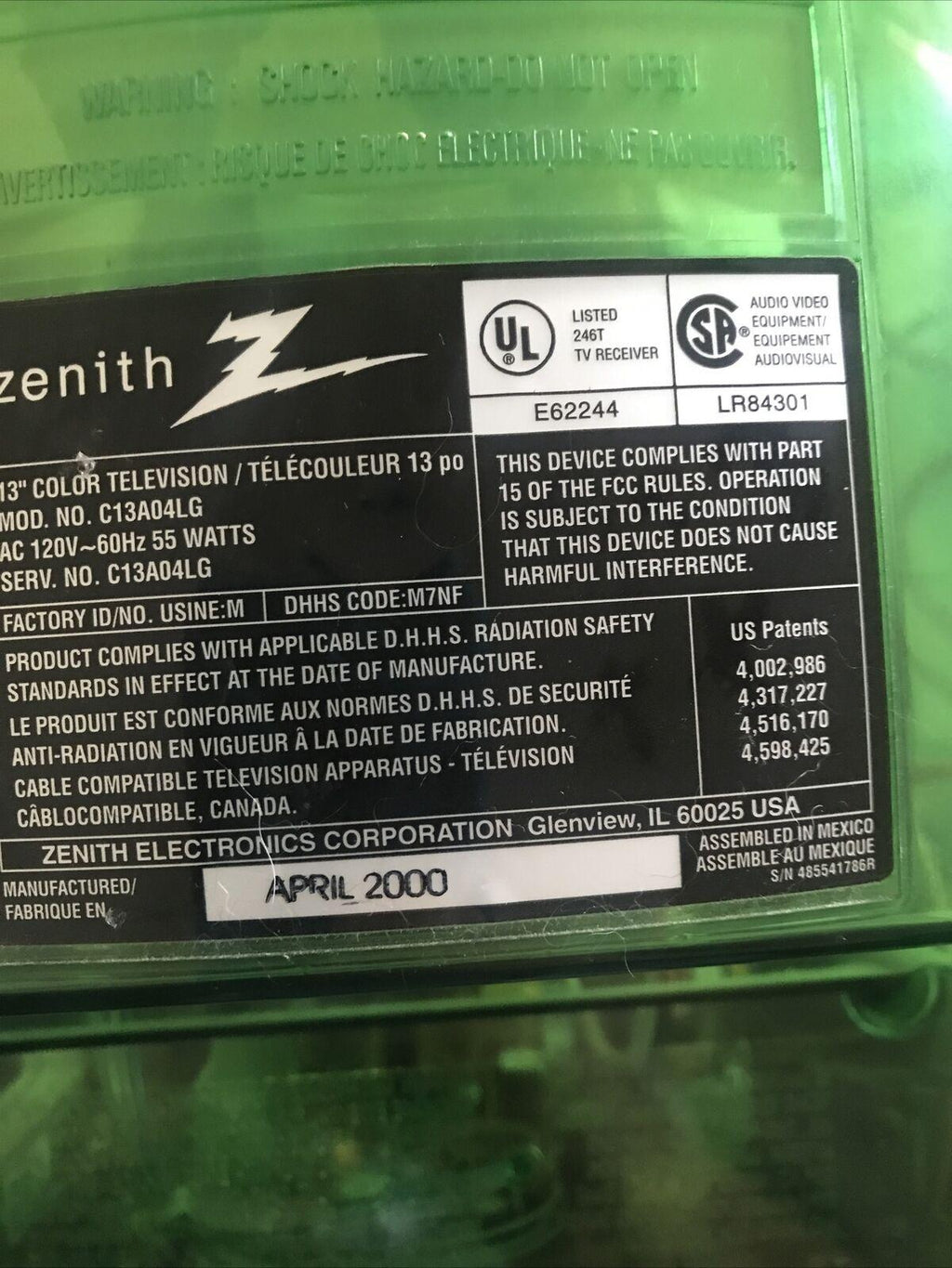 zenith c13a04lg transparent green 13" inch color prison tv, has remote. 2000