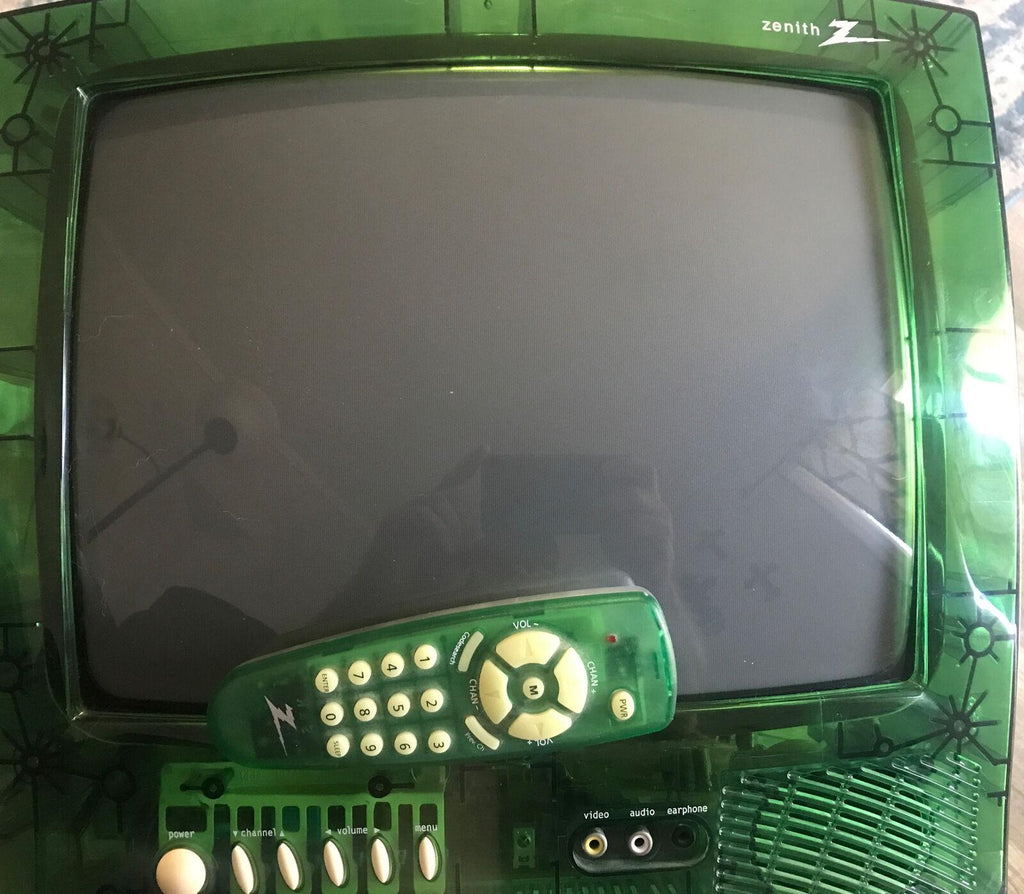 zenith c13a04lg transparent green 13" inch color prison tv, has remote. 2000