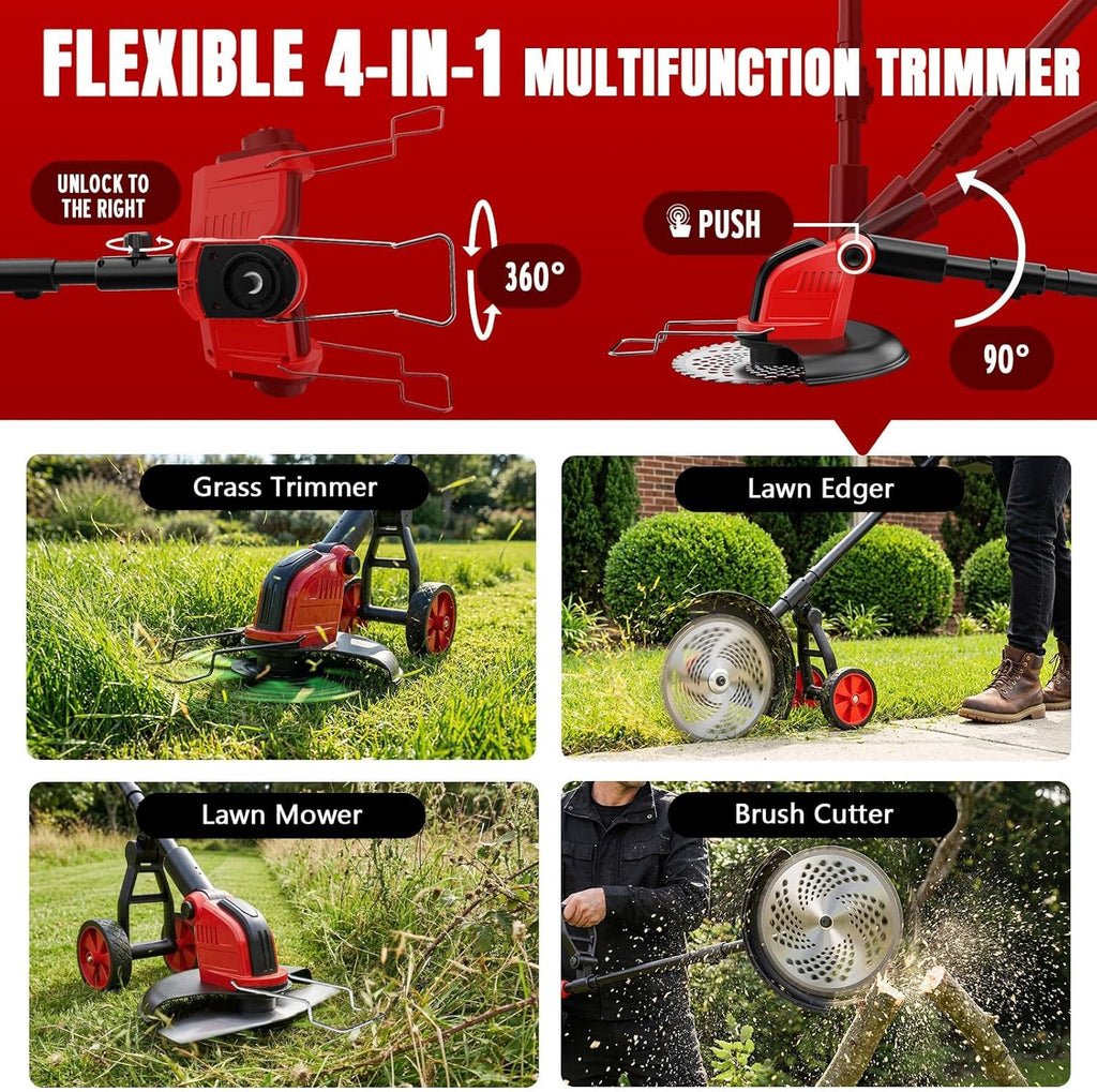 20000 RPM Electric Weed Wacker with Wheel,12″ Brushless Cordless Weed Eater Battery Powered, 4-in-1 Brush Cutter/String Trimmer/Grass Edger Tool/Lawn Mower, Stringless Weed Trimmer,5 Blade,2 Battery