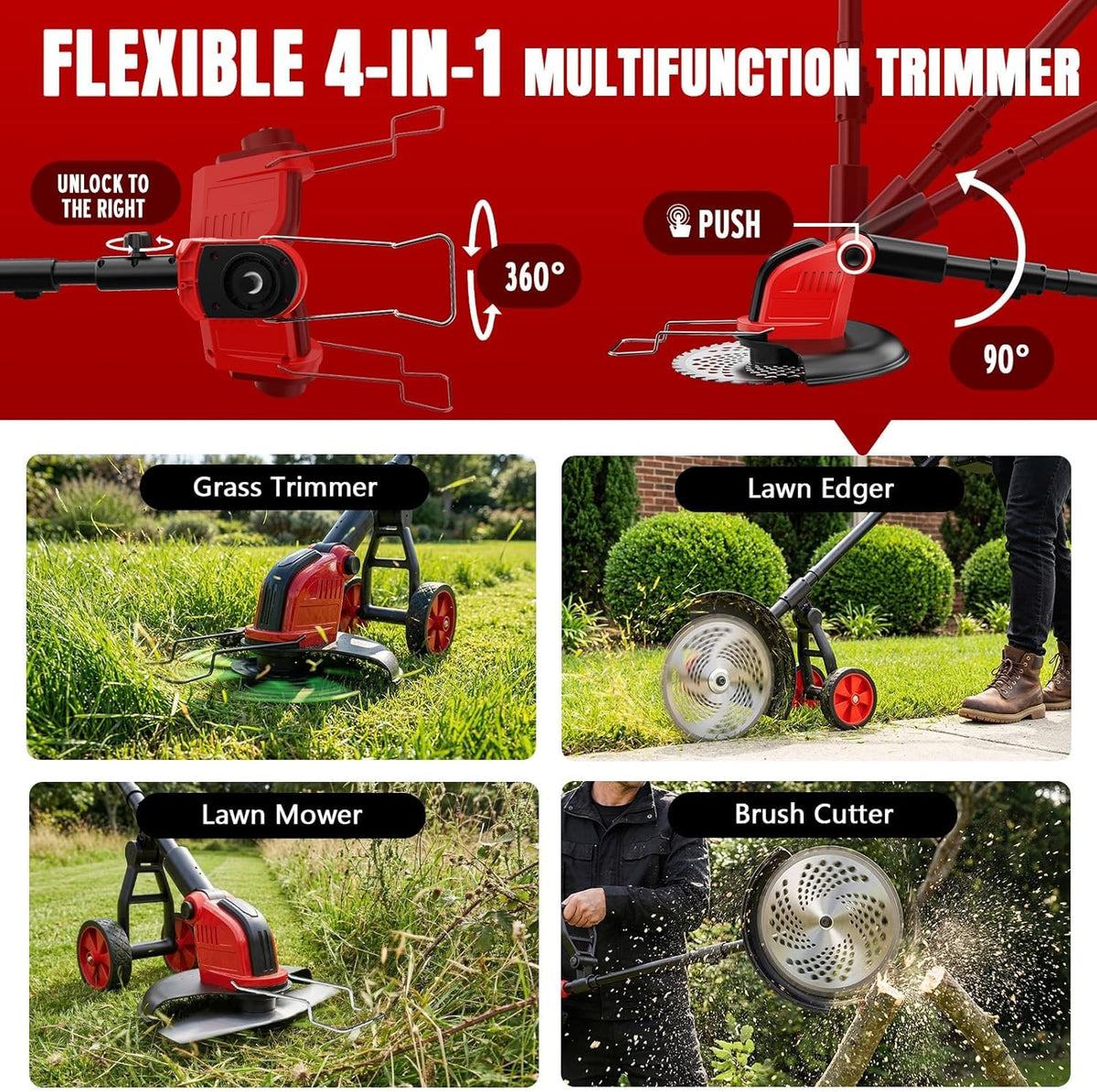 20000 RPM Electric Weed Wacker with Wheel,12″ Brushless Cordless Weed Eater Battery Powered, 4-in-1 Brush Cutter/String Trimmer/Grass Edger Tool/Lawn Mower, Stringless Weed Trimmer,5 Blade,2 Battery