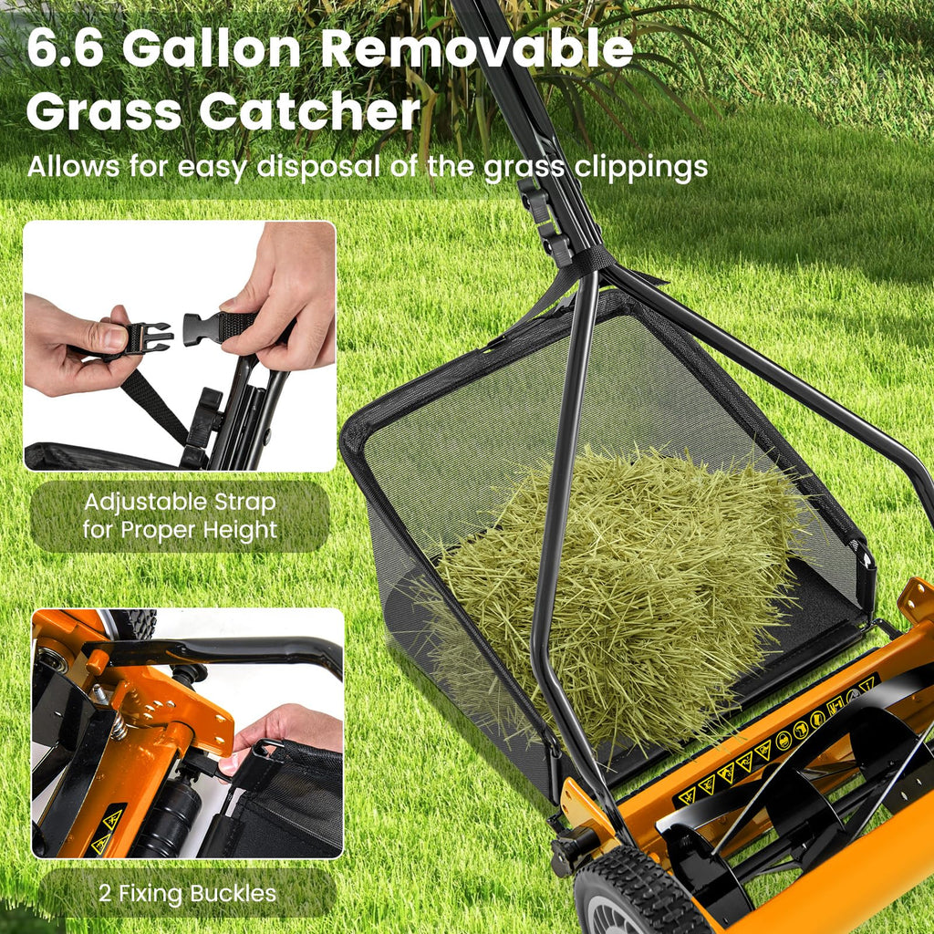 Manual Lawn Mower, 14 Inch 5-Blade Walk-Behind Cordless Grass Cutter with 7 Gallon Removable Grass Collect Bag, Adjustable Cutting Heights, Push Reel Lawn Mower for Yard, Garden