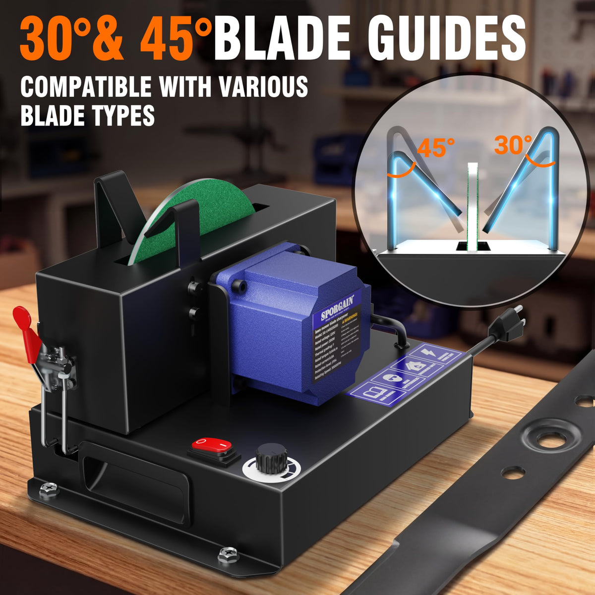 Lawn Mower Blade Sharpener, Brushless Motor 3000RPM Lawnmower Blade Sharpener Tool with Lifetime Motor Warranty, 7"Ceramic Wheel with 20 Sanding Discs for High/Low Lift,Gator&amp;Flat Blade 10pcs