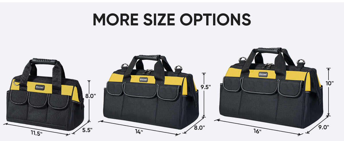 Heavy Duty Tool Bag with Multi-Pockets, Portable Tool Box Organizer StoraBag, with Adjustable Shoulder Strap and Ergonomic Handle (Black, 12" Standard Base)