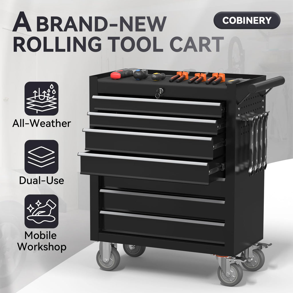 7-Drawer Rolling Tool Chest with Wheels, Metal Tool StoraCabinet with Lock&Keys and Swivel, Toolbox with Drawers, Tool Box for Warehouse,Garage, Repair Shop, Workshop (Black, 7-Drawer)