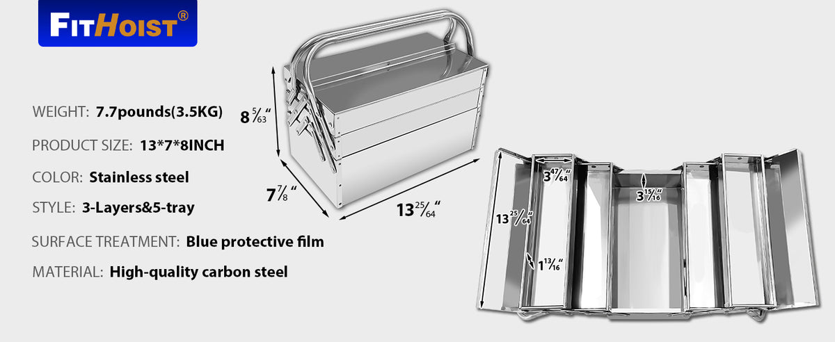 Metal Cantilever Tool Box, 3-Tier 5 Tray Fold Out  Steel Tool Box with Handle, 14" Stack-able Portable Tool StoraBox Organizers Chest for Household Factory Warehouse Repair Shop