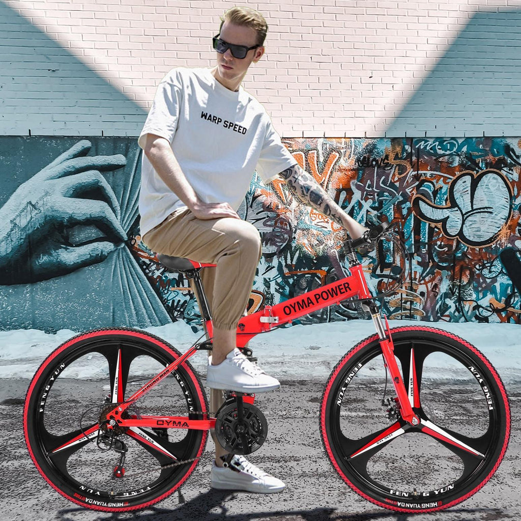 Wjhwsx 26 In. Folding Bike Mountain Bike s 21 Speed Bicycle Full Suspension MTB Bikes for Men and Women Red